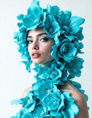 The primary subject of the image is a woman wearing a blue floral headpiece. The setting is a white background, which provides a clean and minimalist look. The visual style is a combination of a photo and digital art, creating a unique and artistic representation of the woman. The colors and mood of the image are predominantly blue, giving it a calm and serene atmosphere.